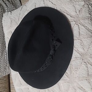 100% Wool Fedora Hat Black Decor Studded Bow
